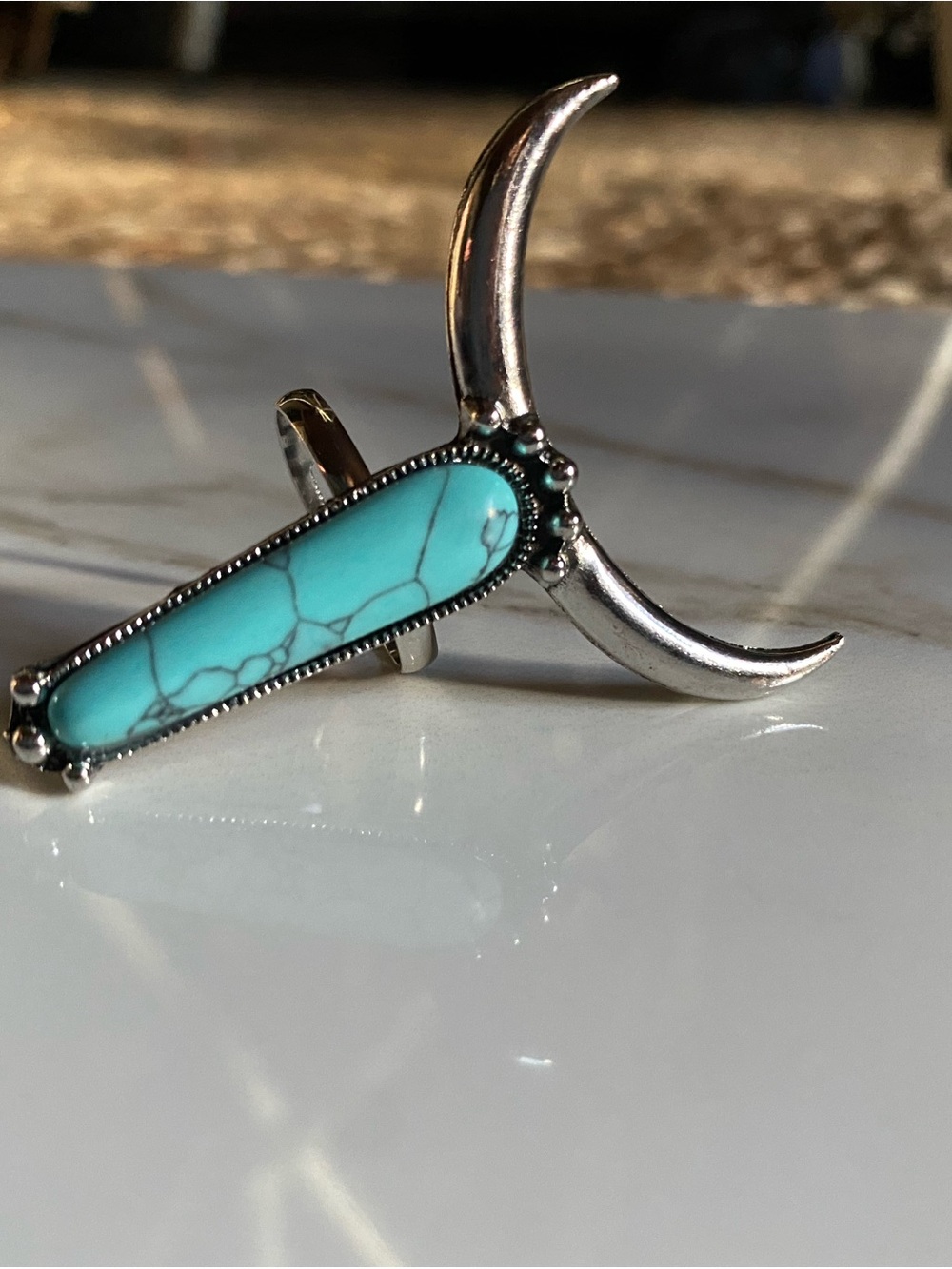 Long Horn Turquoise and Silver Adjustable Ring - Picture 2 of 3